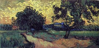 Vincent Van Gogh : Field with Trees and the Chateau of Auvers at Sunset